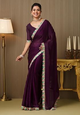Purple Embroidered Chiffon Saree Set