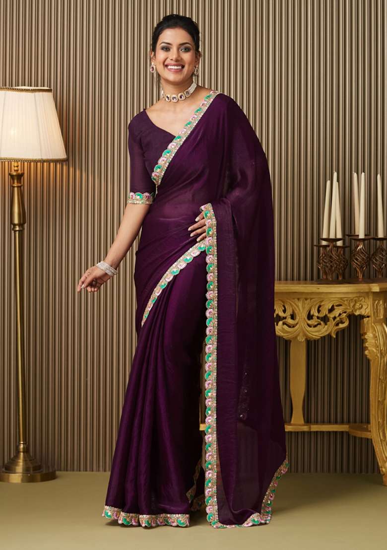 Purple Embroidered Chiffon Saree Set - Indya