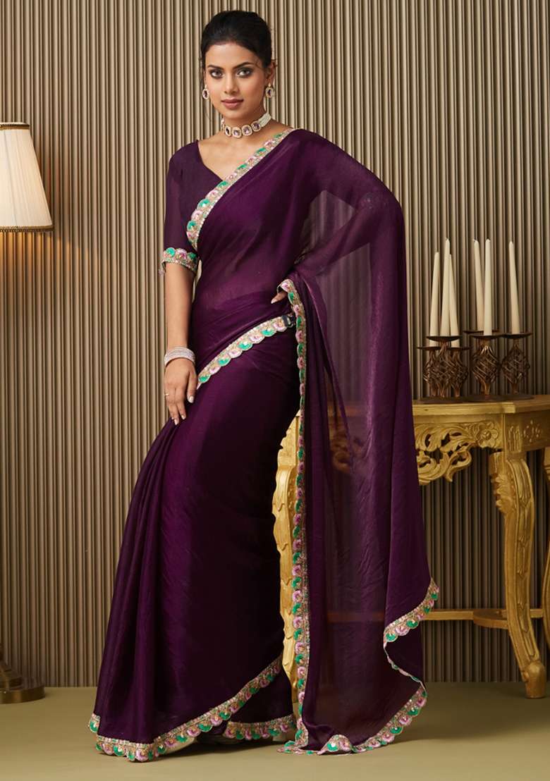 Purple Embroidered Chiffon Saree Set - Indya