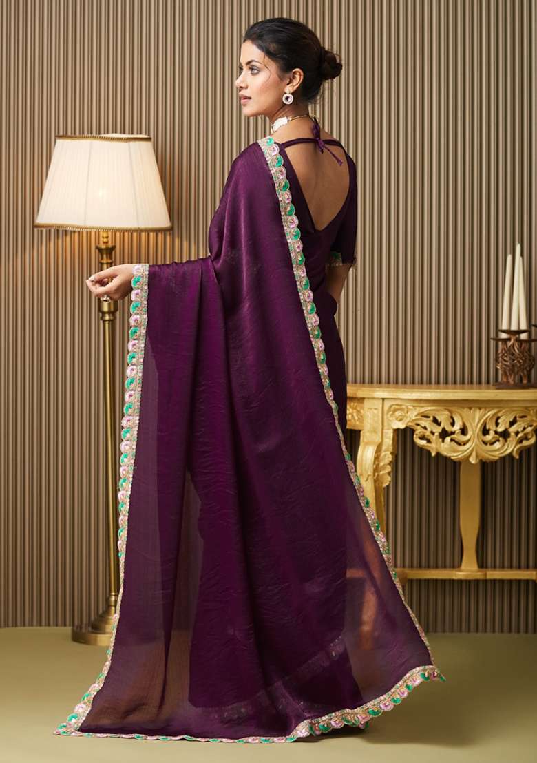 Purple Embroidered Chiffon Saree Set - Indya