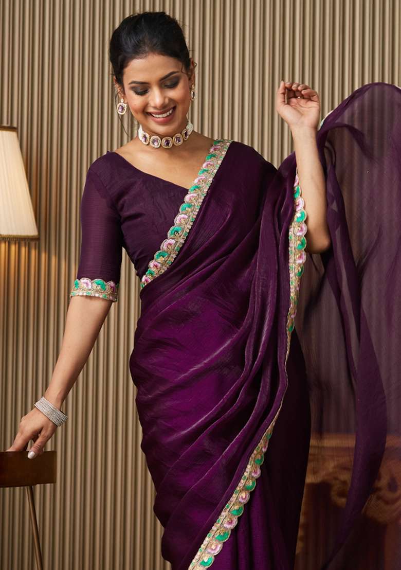 Purple Embroidered Chiffon Saree Set - Indya