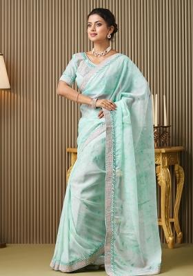 Blue Embroidered Organza Saree Set