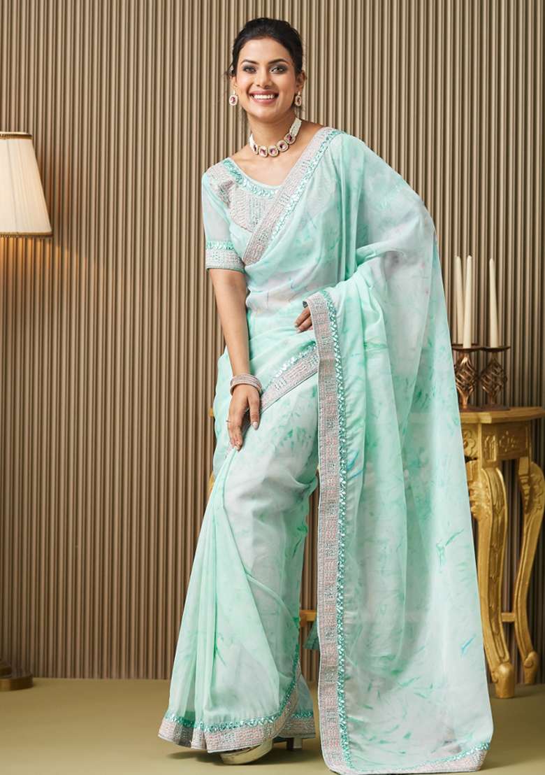Blue Embroidered Organza Saree Set - Indya