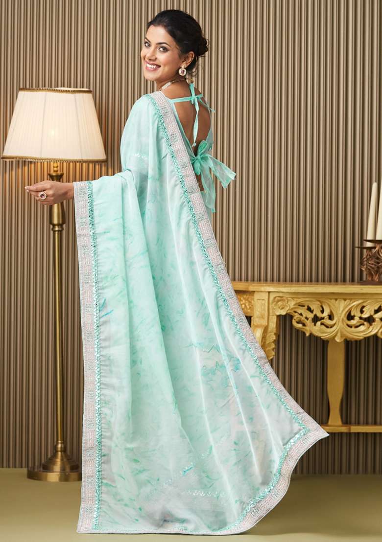 Blue Embroidered Organza Saree Set - Indya