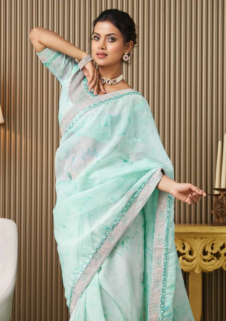 Blue Embroidered Organza Saree Set - Indya