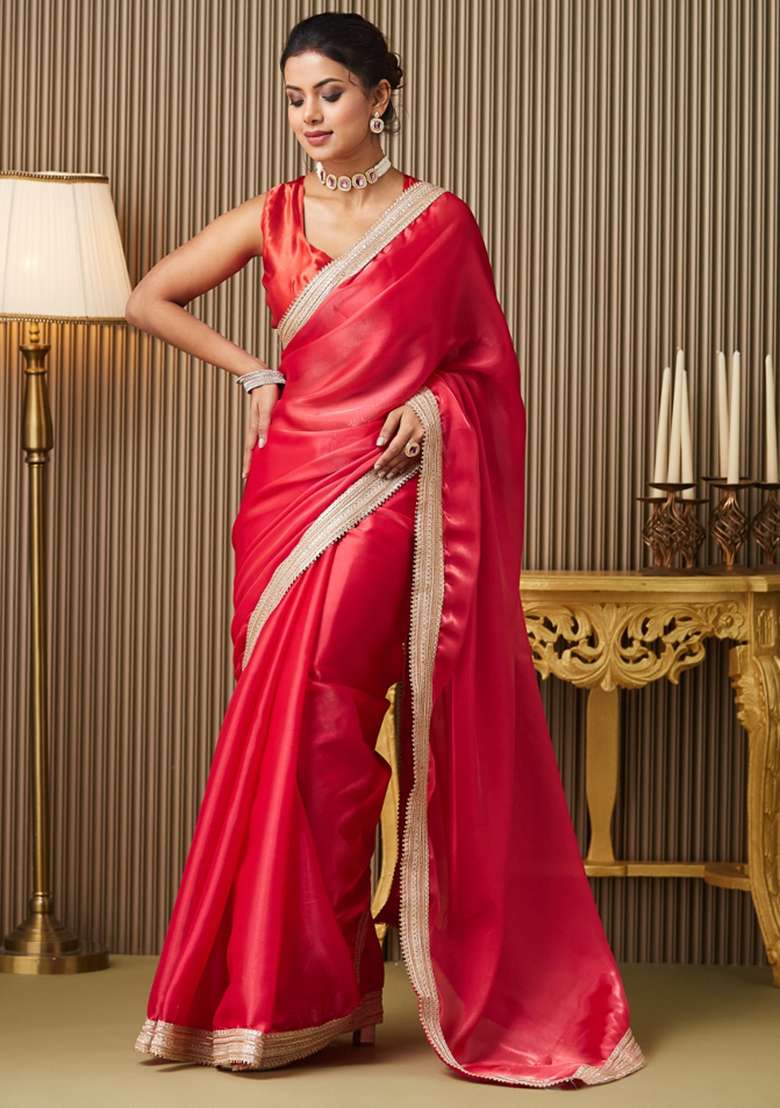 Red Embroidered Organza Saree Set - Indya