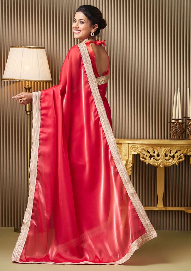 Red Embroidered Organza Saree Set - Indya