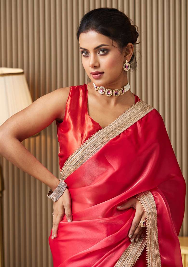 Red Embroidered Organza Saree Set - Indya