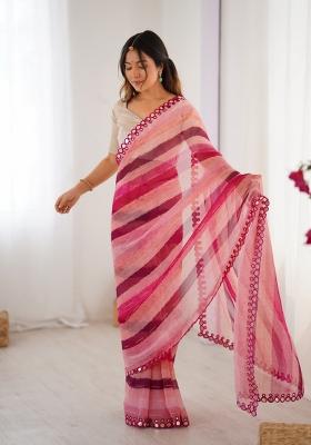 Pink Embroidered Chiffon Saree Set
