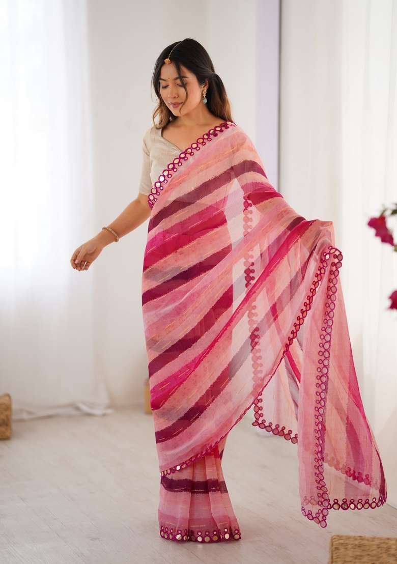 Pink Embroidered Chiffon Saree Set - Indya