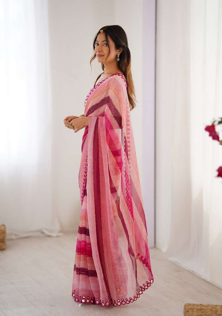 Pink Embroidered Chiffon Saree Set - Indya
