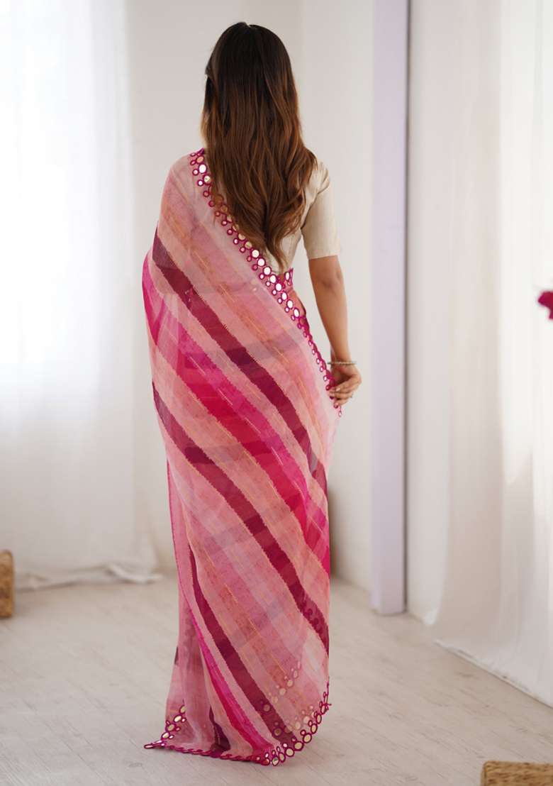 Pink Embroidered Chiffon Saree Set - Indya