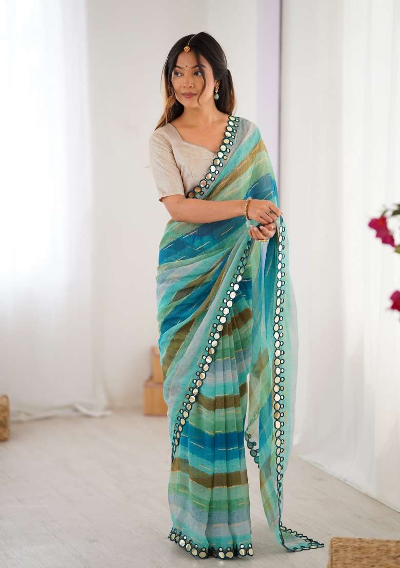 Blue Embroidered Chiffon Saree Set - Indya