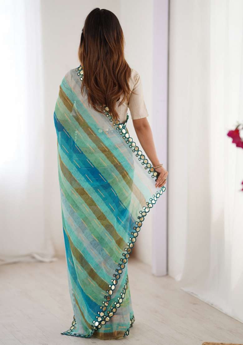 Blue Embroidered Chiffon Saree Set - Indya