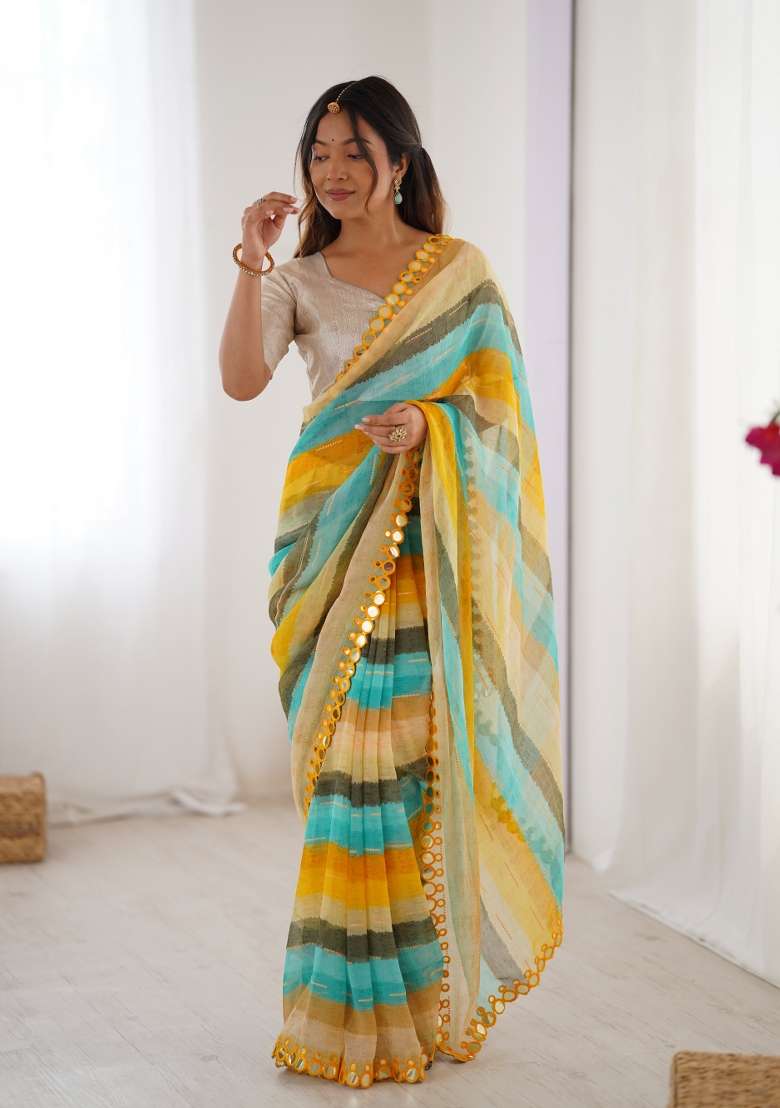 Yellow Embroidered Chiffon Saree Set - Indya