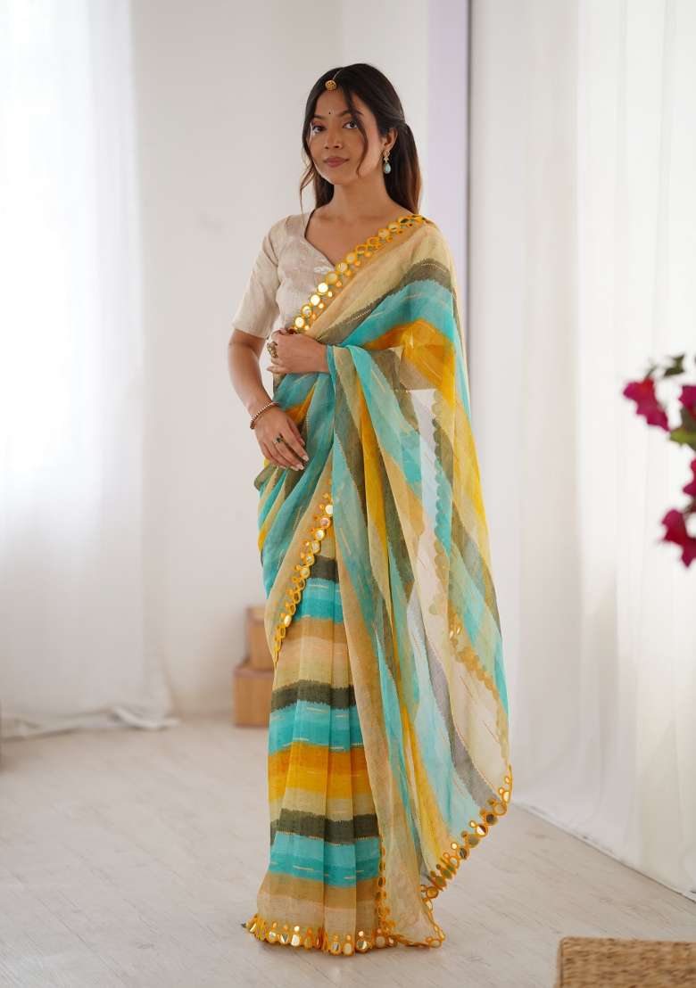 Yellow Embroidered Chiffon Saree Set - Indya