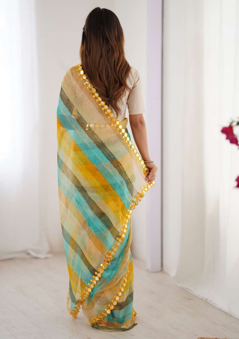 Yellow Embroidered Chiffon Saree Set - Indya