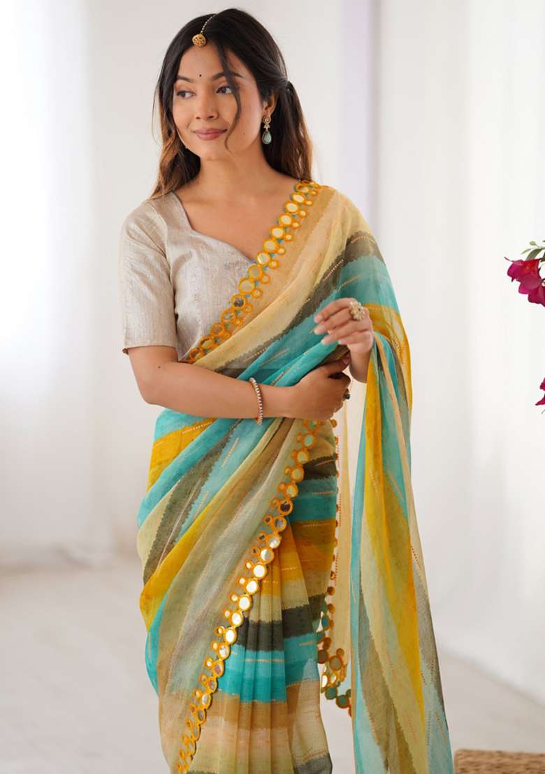 Yellow Embroidered Chiffon Saree Set - Indya
