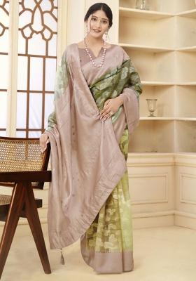 Beige Embroidered Silk Saree Set