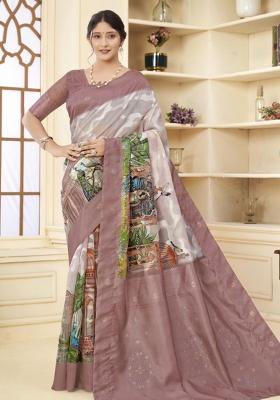Brown Embroidered Silk Saree Set