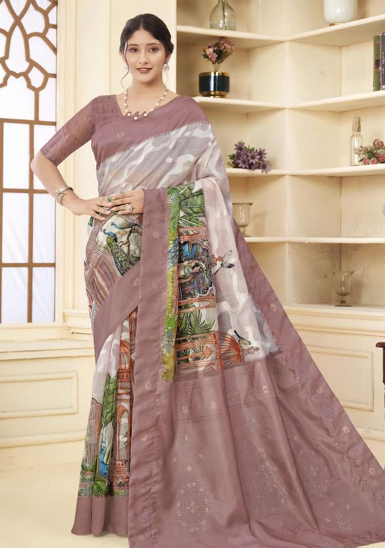 Brown Embroidered Silk Saree Set - Indya