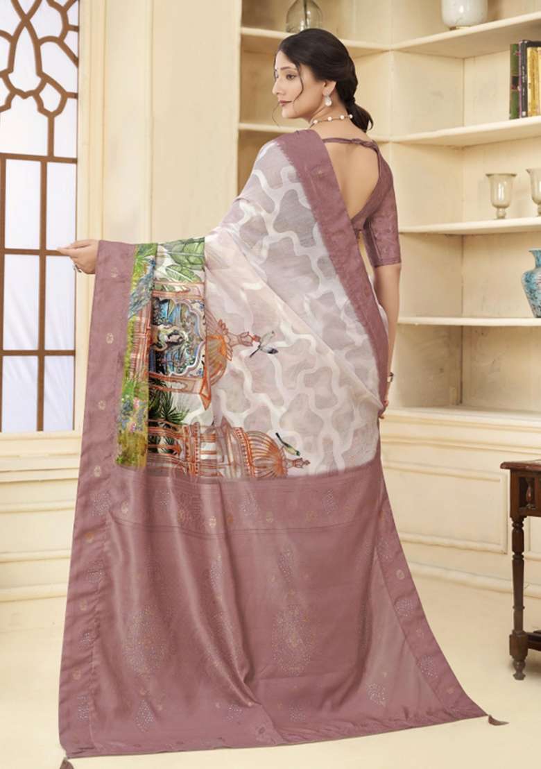 Brown Embroidered Silk Saree Set - Indya