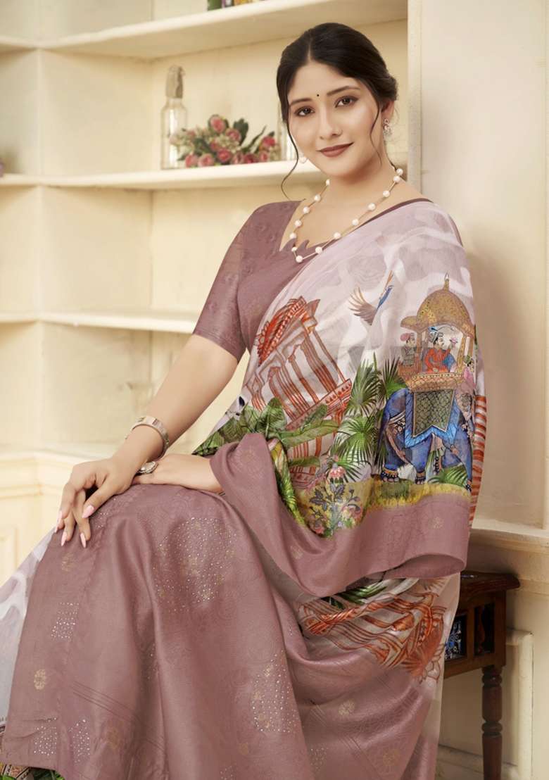 Brown Embroidered Silk Saree Set - Indya
