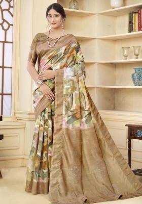 Brown Embroidered Silk Saree Set