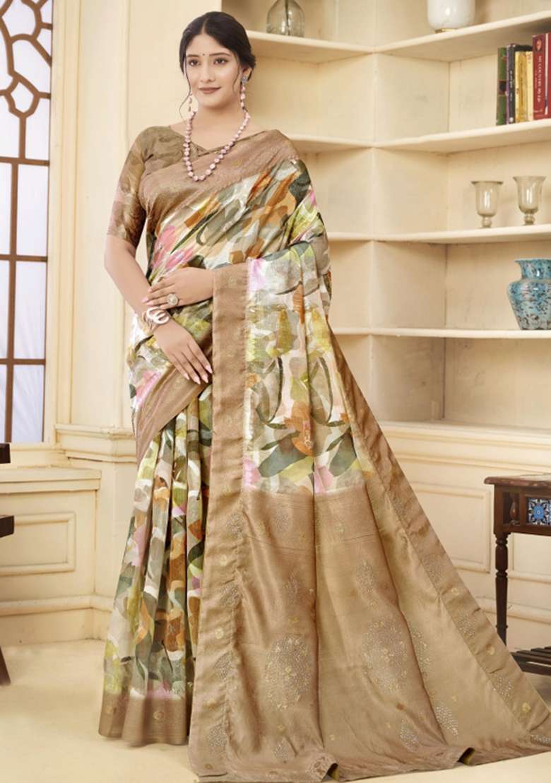 Brown Embroidered Silk Saree Set - Indya