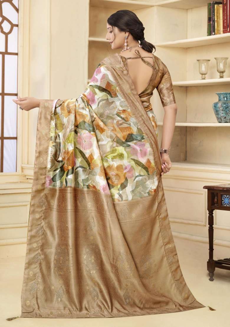Brown Embroidered Silk Saree Set - Indya