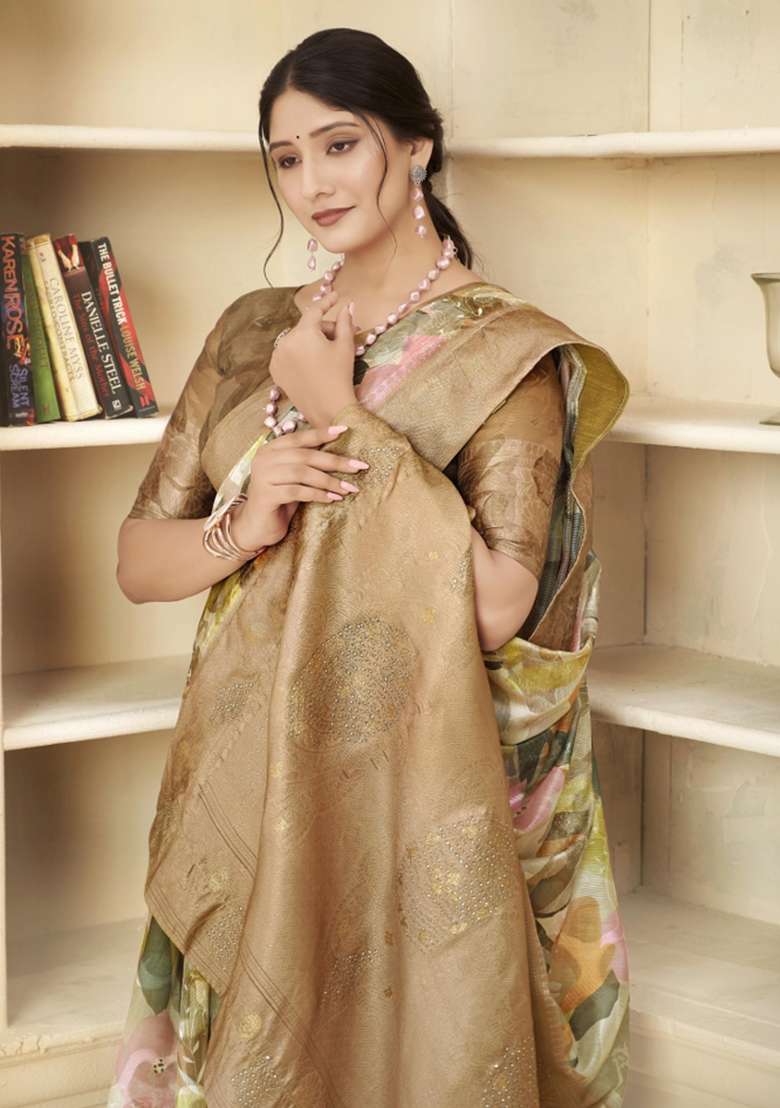Brown Embroidered Silk Saree Set - Indya