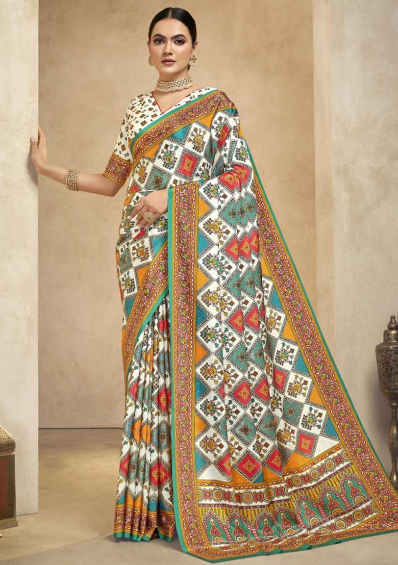 Multi Embroidered Silk Saree Set - Indya