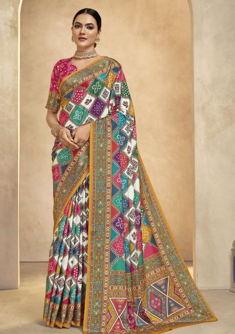 Multi Embroidered Silk Saree Set - Indya