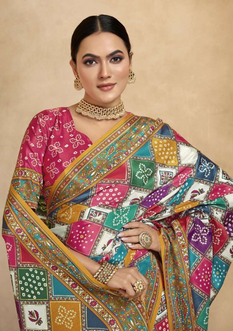 Multi Embroidered Silk Saree Set - Indya