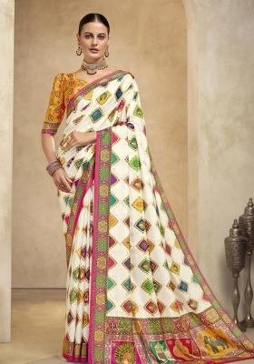 Beige Embroidered Silk Saree Set