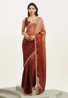 Brown Embroidered Satin Saree Set