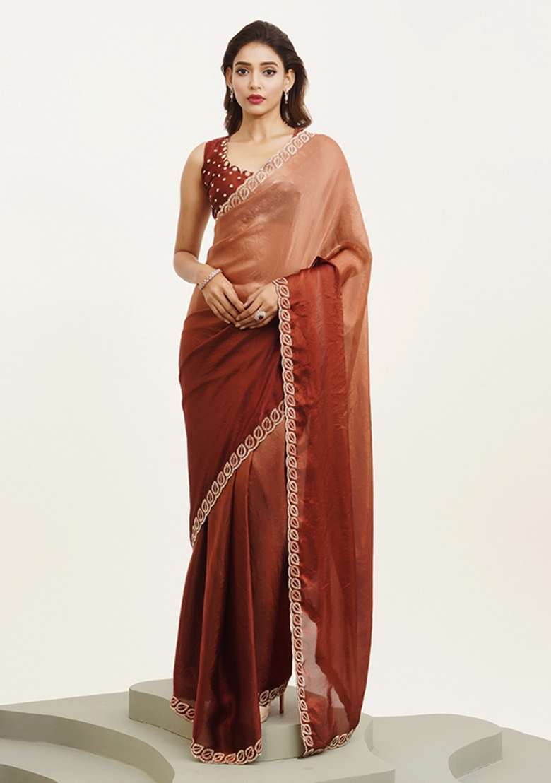 Brown Embroidered Satin Saree Set - Indya