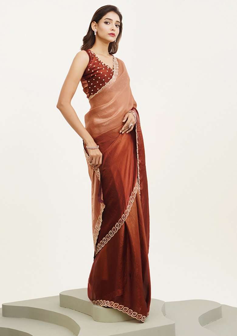 Brown Embroidered Satin Saree Set - Indya
