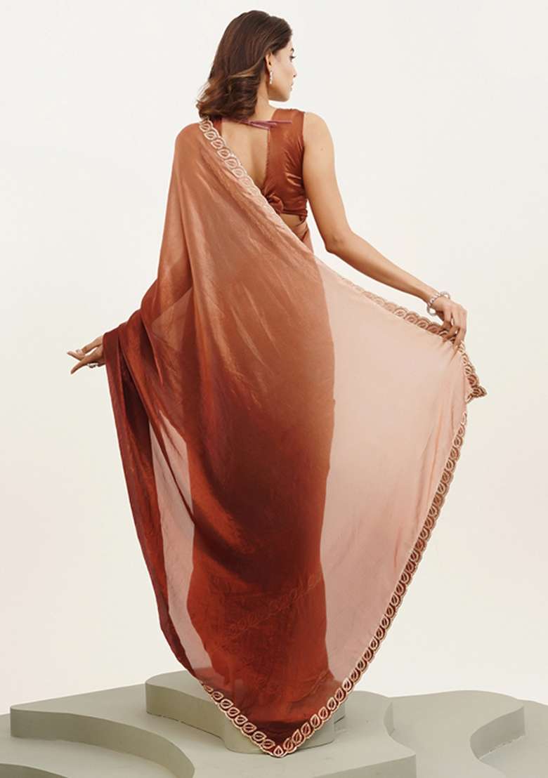 Brown Embroidered Satin Saree Set - Indya