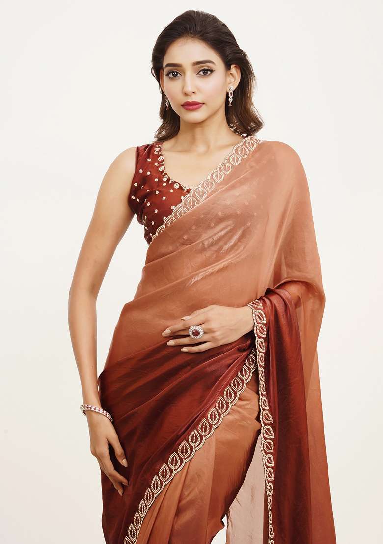 Brown Embroidered Satin Saree Set - Indya