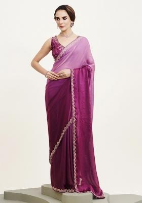 Purple Embroidered Satin Saree Set