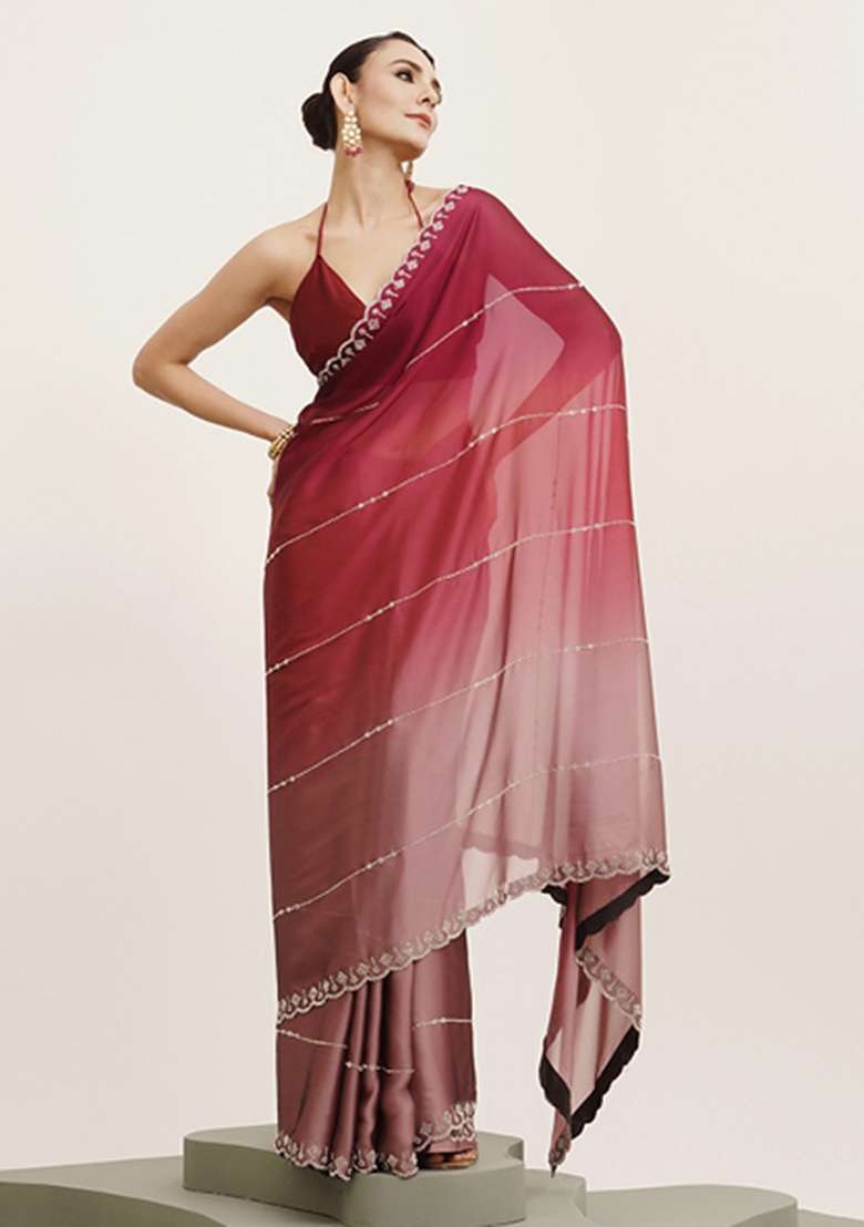 Pink Embroidered Chiffon Saree Set - Indya