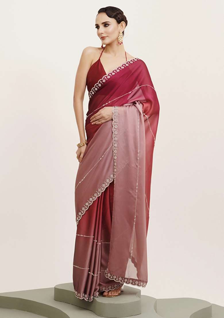 Pink Embroidered Chiffon Saree Set - Indya