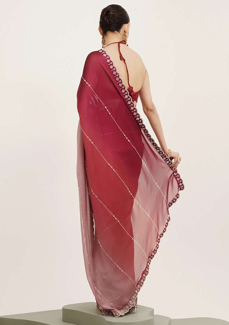 Pink Embroidered Chiffon Saree Set - Indya
