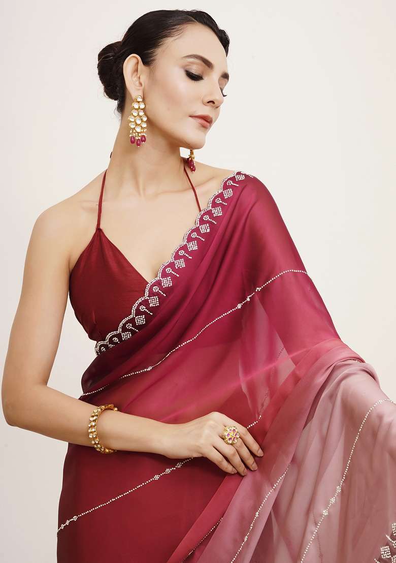 Pink Embroidered Chiffon Saree Set - Indya