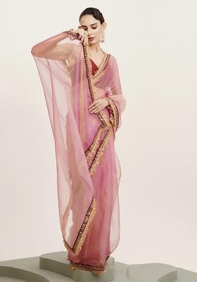 Pink Embroidered Tissue Saree Set