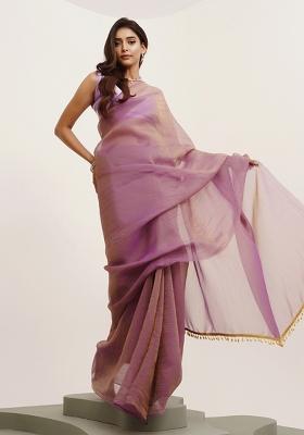 Purple Embroidered Tissue Saree Set