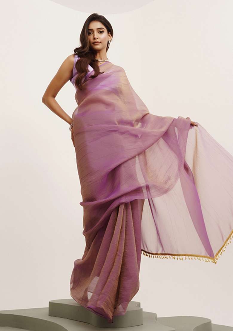 Purple Embroidered Tissue Saree Set - Indya