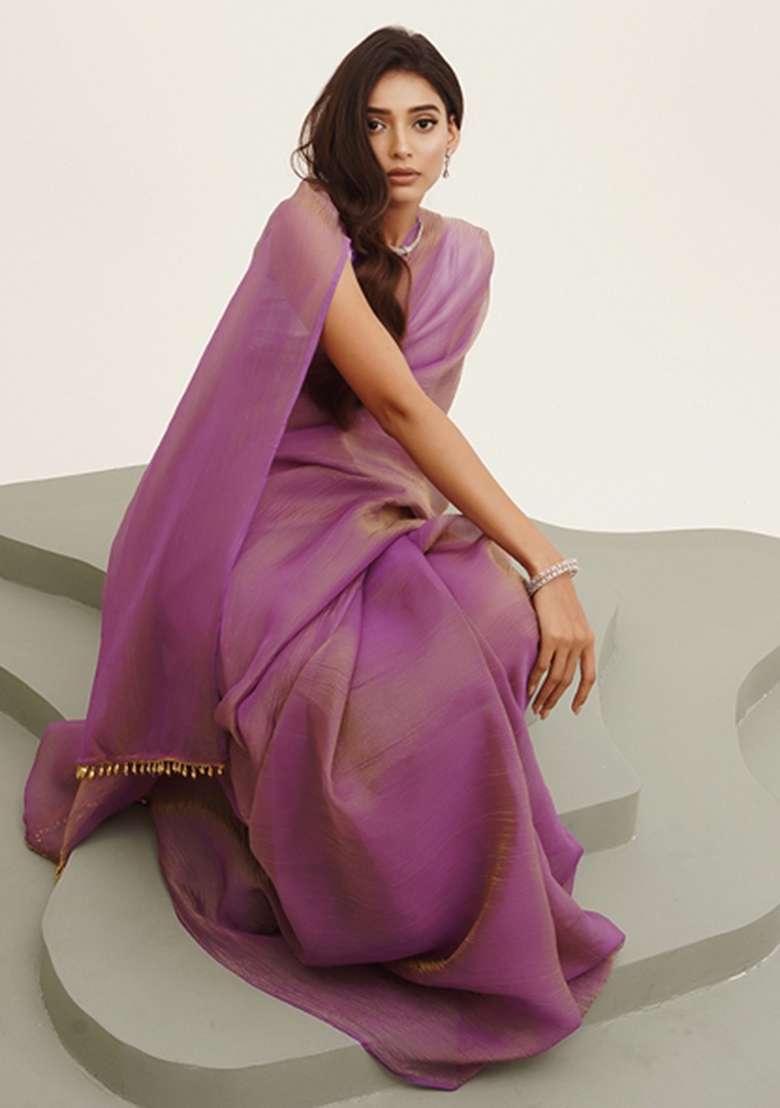 Purple Embroidered Tissue Saree Set - Indya