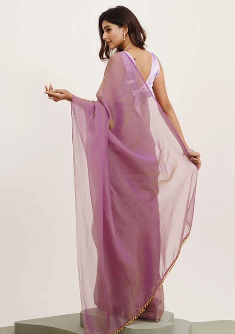 Purple Embroidered Tissue Saree Set - Indya